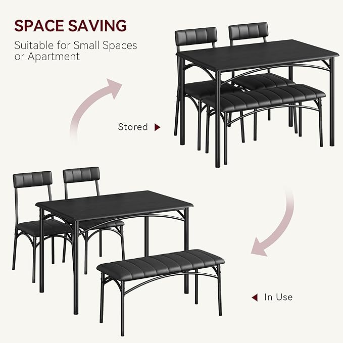 Dining Table Set for 4, Rectangular Kitchen Table and Chairs Set of 4 for Small Spaces, Modern Dining Room Table Set with Upholstered Bench and 2 Chairs, Space Saving Dining Furniture for Apartments
