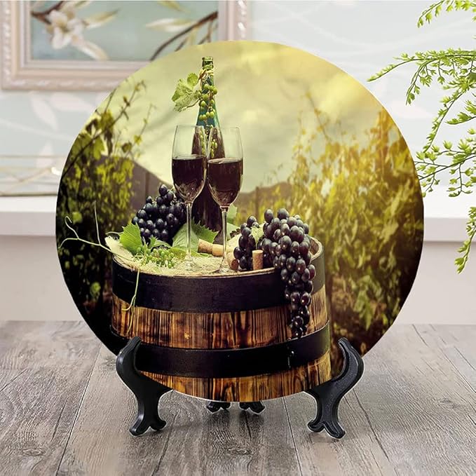 Decorative Plates, Wine Print Ornament, Scenic Tuscany Vineyard, 8 Inch, 1 Plate with 1 Display Stand, Green Black Brown