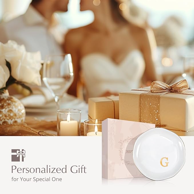 ProCase Ceramic Jewelry Tray, Initial Ring Dish Trinket Plate Engagement Gift, Small Personalized Monogram Ring Bowl for Wedding, White Decorative Jewelry Holder for Women Vanity -Letter G