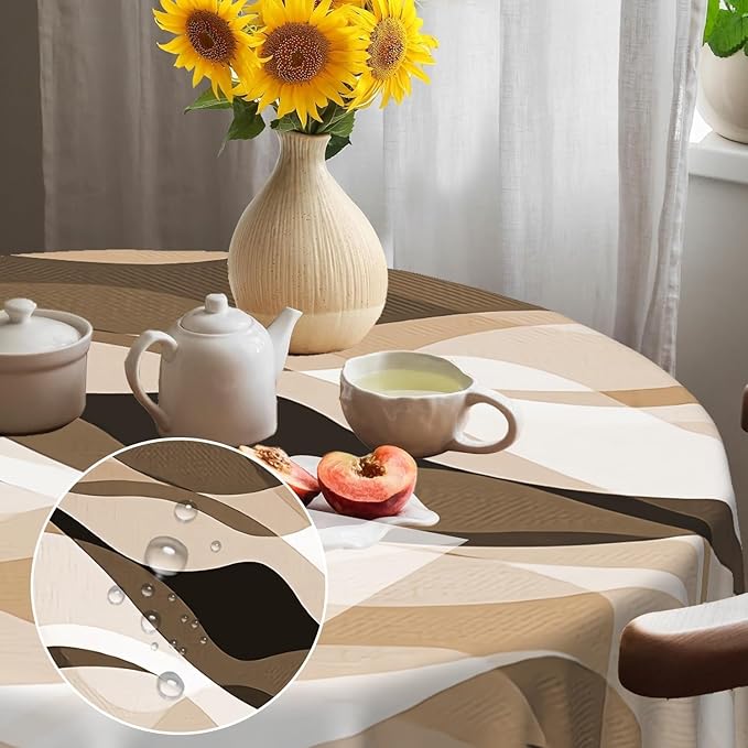 Laeacco 60 Inch Brown Modern Round Tablecloth Striped Geometric Abstract Art Print Table Cloth Washable Waterproof Wrinkle Free Table Cover for Kitchen Dining Picnic Party Decoration