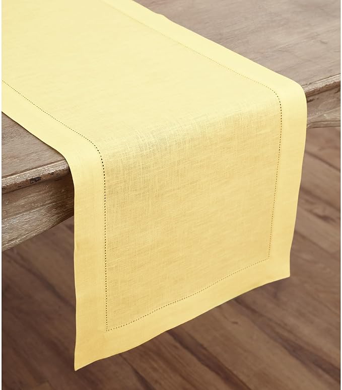 Solino Home Linen Yellow Table Runner 156 Inches Long - 100% Pure Linen Extra Long Table Runner 14 x 156 Inch for Valentines, Spring, Easter - Classic Hemstitch