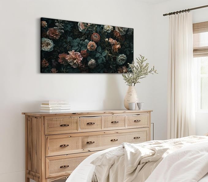 ADJUVANT Wall Art Floral 40"L x 20"W, Dark Hued Vintage Flowers With Lush Foliage Canvas Painting Elegant Blooms Artwork Retro Garden Prints Floral Wall Decor for Living Room Bedroom Study Home Office