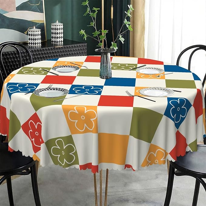 Laeacco 60 Inch Plaid Round Tablecloth Colorful Buffalo Plaid Flower Modern Geometric Abstract Art Print Table Cloth Washable Waterproof Wrinkle Free Table Cover for Kitchen Dining Picnic Party Decor