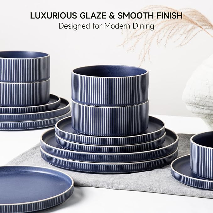 Dinnerware Set Service for 4, 12-Piece Ceramic Plates and Bowls Set, Chip & Scratch Resistant, Microwave and Dishwasher Safe, Modern Minimalist Tableware for Everyday Use, Matte Blue