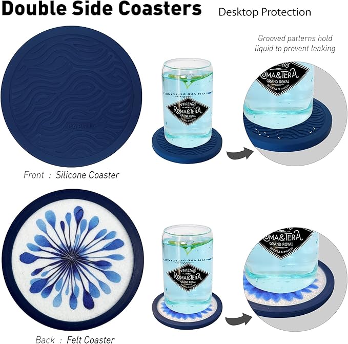 Indigo Floral Non-Slip Silicone Coasters, 4-Pack Double-Sided Absorbent Cup Mats for Hot & Cold Drinks, Scratch & Water Ring Protection for Wood Tables, Home Office Bar Use (4PC)