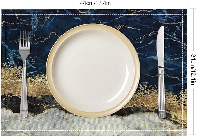 Marble Linen Placemats Set of 2, 12x17 Inch Modern Luxury Foil Cracked Texture Navy Blue Gold Marble Table Mats Washable Fabric Place for Party Kitchen Wedding Dining Banquets Decor