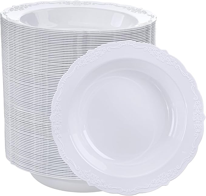 DaYammi 100 Pack Plastic Bowls with Silver Rim, 12oz Disposable Soup Bowls, Heavy Duty Dinner Bowls for Weddings, Silver Disposable bowls Parties, Dinners, Catering and Everyday Use
