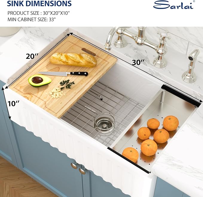 Sarlai 33 White Farmhouse Kitchen Sink - 33x20 Inch Farm Kitchen Sink Reversible Design Ledge Workstation White Ceramic Porcelain Fireclay Farmer Sinks 10" Inch Deep Single Bowl Basin