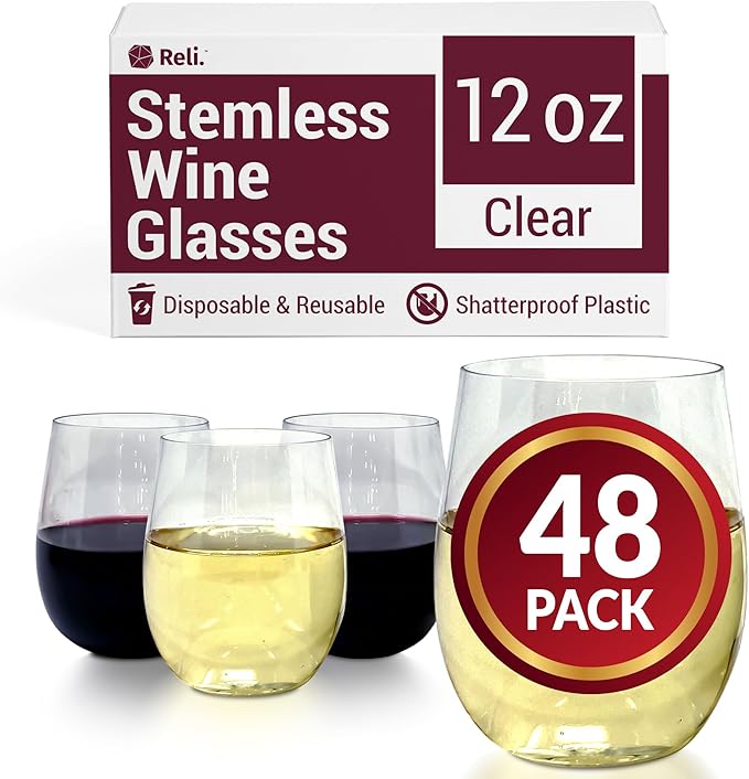 Reli. Disposable Wine Glasses (48 Pack, 12oz) Plastic Stemless Wine Glasses Disposable | Clear and Stemless for Parties, Cocktails, Whiskey, Weddings | Shatterproof