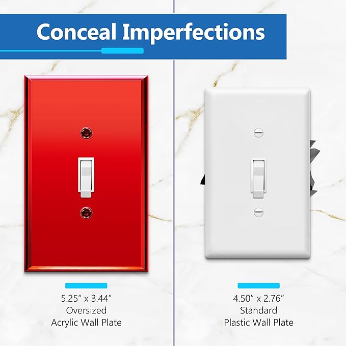 LIDER Toggle Switch Acrylic Wall Plate, Mirrored Light Switch Plate, Plexiglass Switch Cover, Mirror-like Reflective Finish, Modern Upgrade, Oversized 1-Gang 5.25" x 3.44", Red