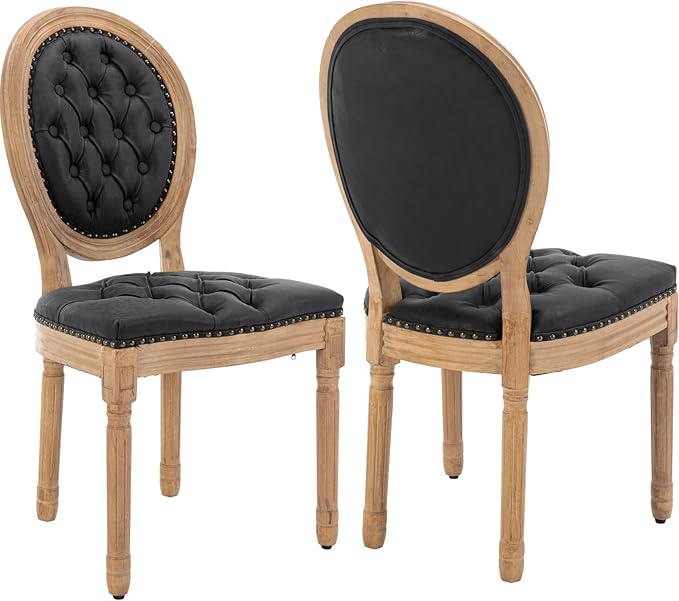 Vintage French Dining Chairs Set of 2, Round Back PU Leather Upholstered Side Chairs with Nailhead Trim and Solid Wood Frame, Sillas de Comedor for Dining Room & Kitchen, Black