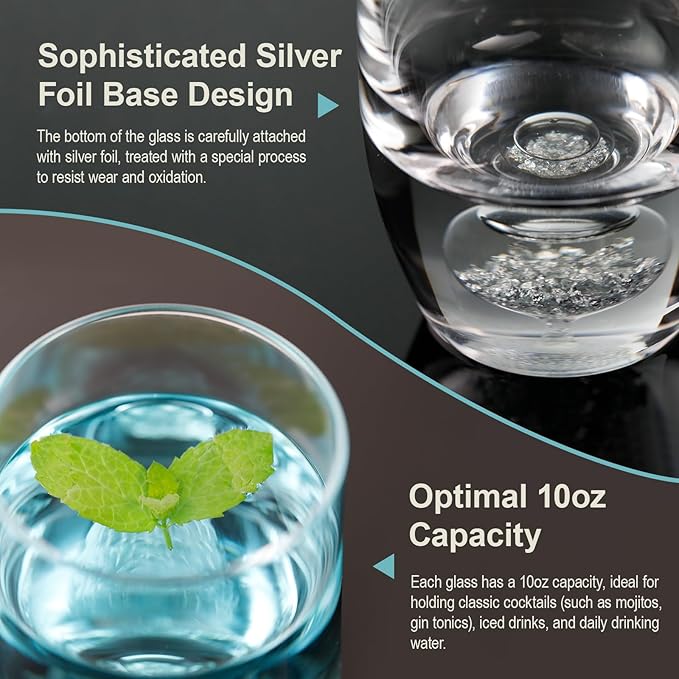 Highball Glasses Set of 4, 10oz, Hand Blown Lead-Free Premium Crystal Glasses, Silver Foil Bottom,Water Glasses,Mojito Glass Cups,and Mixed Drink Cocktail Glass Set, bar -Dishwasher Safe