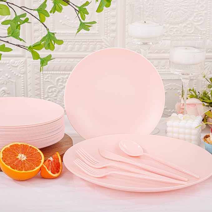 EI 150pcs Pink Plastic Plates Pink Disposable Heavy Duty Plastic Plates for Party Dinnerware Set Pink Plastic Silverware for Party Wedding Afternoon Tea,Spring,Mother's Day,Valentine's Day,Easter