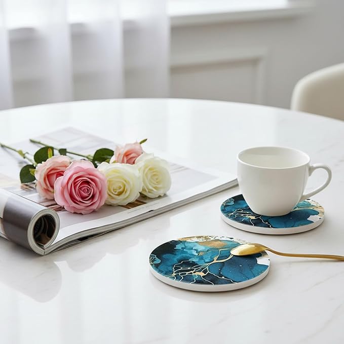 Ceramic Absorbent Coasters Set of 6 with Holder, Marble Drink Coasters for Coffee Table, Water Absorbing Coaster (Teal)
