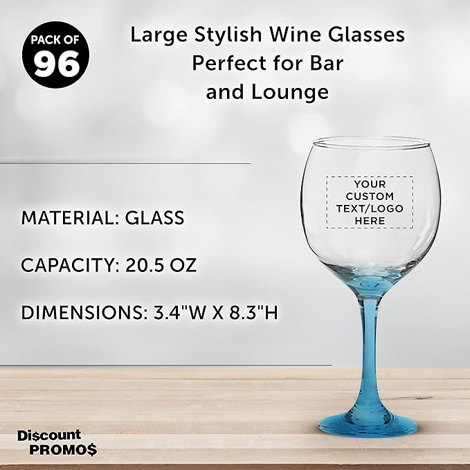 Custom Premiere Wedding Wine Glasses 20.5 oz Set of 96, Personalized Bulk Pack - Restaurant Glassware, Perfect for Red Wine or White Wine - Blue
