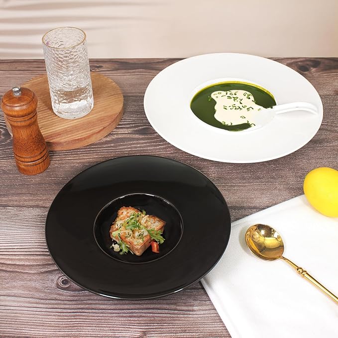 Ceramics Rimmed Soup Bowls 8.5 oz, Black 10.4 inch Exquisite small soup plate Set of 4, Pasta plates With Rim is the best choice for hotels, kitchens, fine restaurants and gourmets