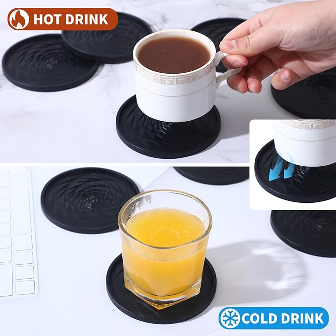 Silicone Coasters Set of 3 with Unique Rose Petal Design, Drink Coasters for Table Protection, Cup Mat for Hot-Cold Beverages, Modern Non-Slip, Non-Stick Design, Ideal Gift(3 Pack, Black)