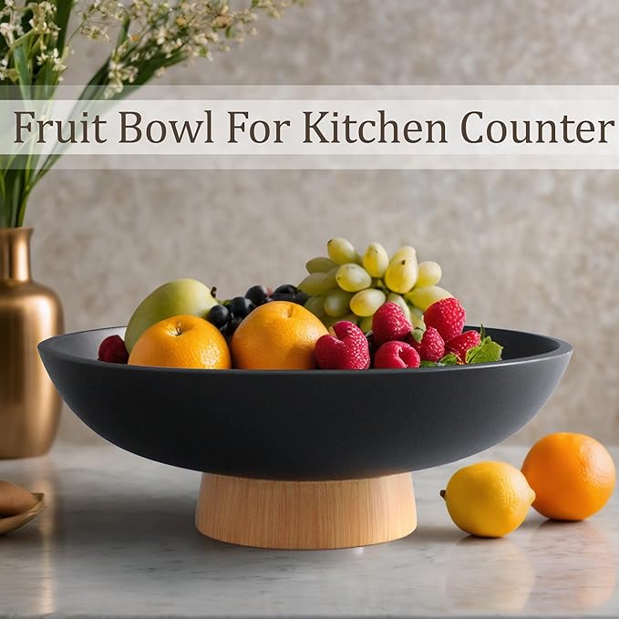 Modern Resin Pedestal Bowl – Large Fruit Bowl for Kitchen Counter, Catch All Bowl for Entryway Table, Stylish Key Bowl & Dining Centerpiece, Black