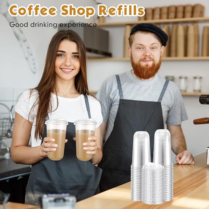 50 Sets Clear Plastic Cups with Strawless Sip Lids, Thickened Clear Disposable Plastic PET Crystal Cups for Iced Coffee, Smoothie, Cold Beverage, Drink Shops and Party Catering (20 oz)
