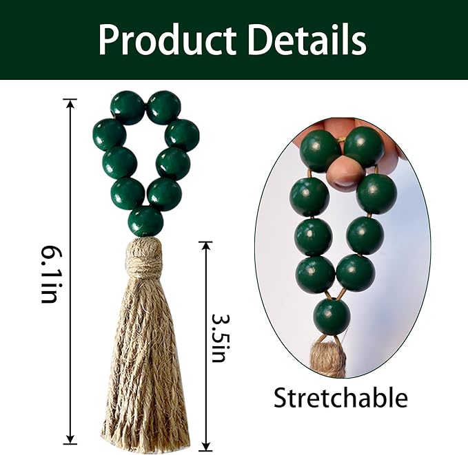 Christmas Napkin Rings Set of 12,Wooden Napkin Rings,Wood Bead Elastic Farmhouse Napkin Ring with Tassel,Boho Napkin Holder for Table Decor,Wedding,Dinner,Party (Dark Green)