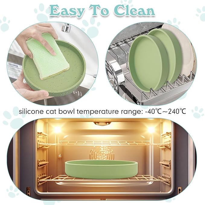 Silicone Cat Food Bowls Shallow Cat Dishes 5.9in Wide Pet Plates Set of 2 Small Flat Dog Saucer Bowl Cute Whisker Fatigue Kitten Feeding Dish for Dry & Wet Food (Round Bean Green)