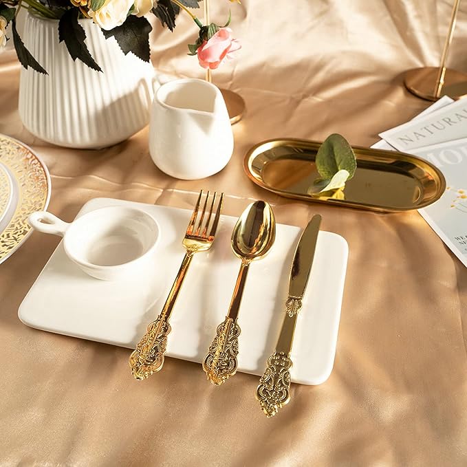 N9R 300pcs Gold Plastic Silverware Dinnerware Flatware- Heavyweight Plastic Cutlery Set, 100 Forks, 100 Spoons, 100 Knives, Gold Utensils for Party, Thanksgiving, Christmas