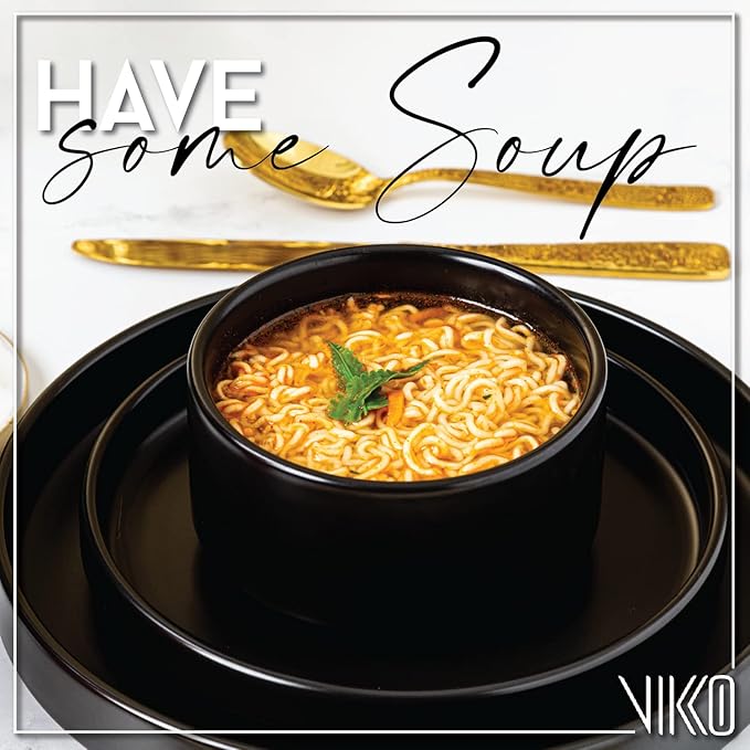 Vikko Modern Soup Bowls, Set of 4 Black Matte Porcelain Bowls, Large Size 22 oz Elegant Restaurant Style Soup Bowl Set, Microwave and Dishwasher Safe
