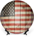 Ceramic Display Plate, American Flag Decor Ceramic Hanging Decorative Plate, USA Flag Over Vertical Striped Wooden Board, 10 Inch, Living Room Kitchen Decoration Household, Blue Red