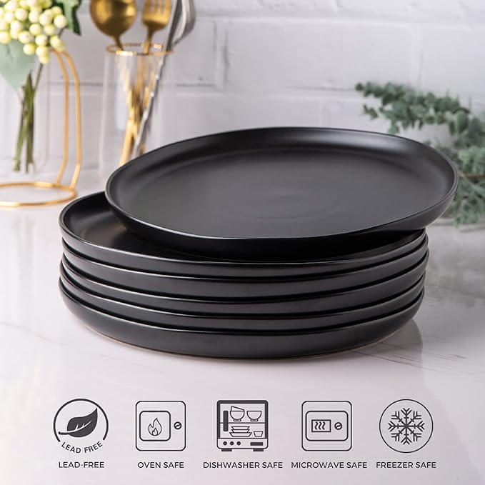 AmorArc Ceramic Dinner Plates Set of 6, Wavy Rim 10.25 Inch Stoneware Dish Set, Dinnerware Plates for Kitchen-Microwave&Dishwasher Safe, Scratch Resistant-Reactive Glaze Matte Black