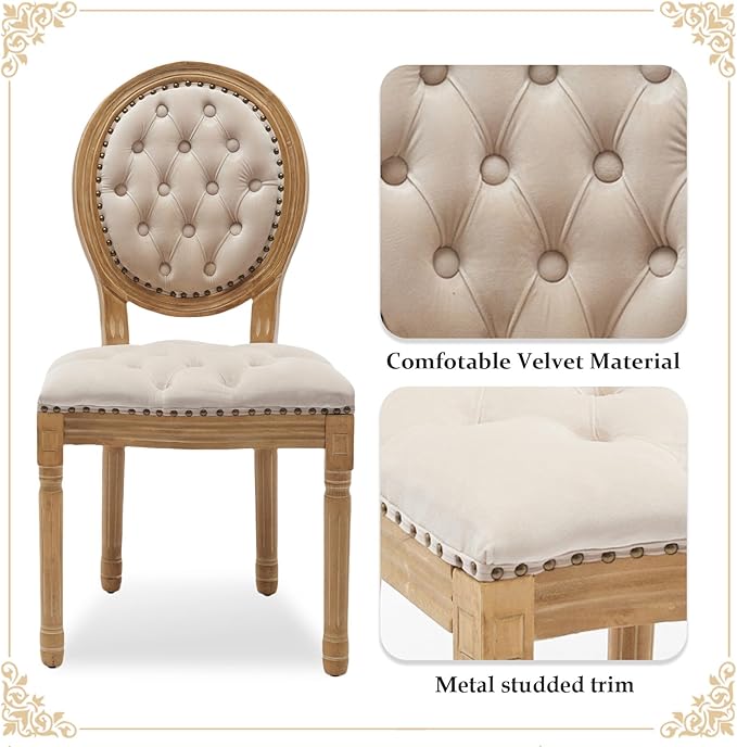 SoarFlash French Velvet Dining Chairs Set of 6, Vantage Dining Chair with Round Back, Wood Leg Farmhouse Country Dining Chair for Kitchen,Bedroom,Beige
