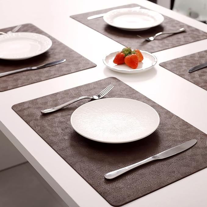 Vinyl Placemats Set of 12 Heat Resistant Easy Clean Non-Slip Place Mats for Dining Table Faux Leather Waterproof Stain Resistant Wipeable Washable PVC Table Mats(12, Brown)