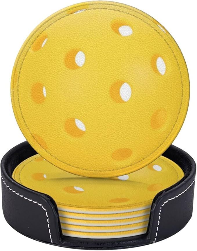 Pickleball Coasters for Drinks with Holder Round Leather Coasters Set of 6 Cups Mugs Mat Pad for Home Kitchen Bar