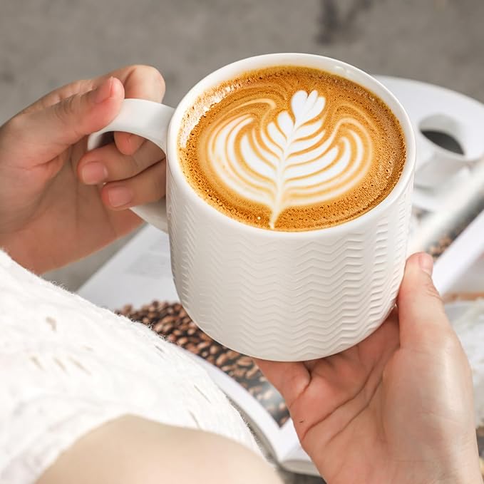 HASENSE Coffee Mugs with Metal Stand,15 oz Ceramic Stackable Mug Set Embossed Latte Cup, Ceramic Coffee Cups with Handle for Cappuccino and Tea, Multi Color