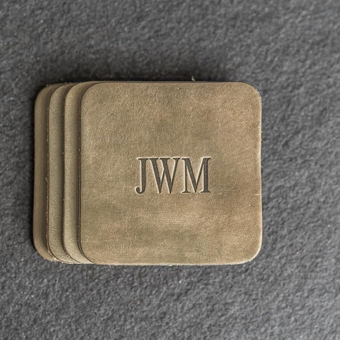 Ox & Pine Personalized Leather Coaster - Sold Individually or in Sets of 4 - Customize Inscription - 100% Full-Grain Leather – 4" Round or 4" Square (Square, Sienna, Set of 4 Coasters)