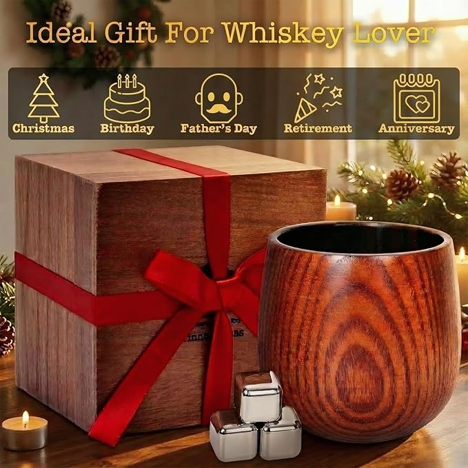 Charred Wooden Whiskey Glass Set of 2 – Durable Bourbon Glass for Men, Insulated Old Fashioned Glass – Whiskey Gifts for Husband, Dad, Brother – Birthday, Christmas, Father's Day