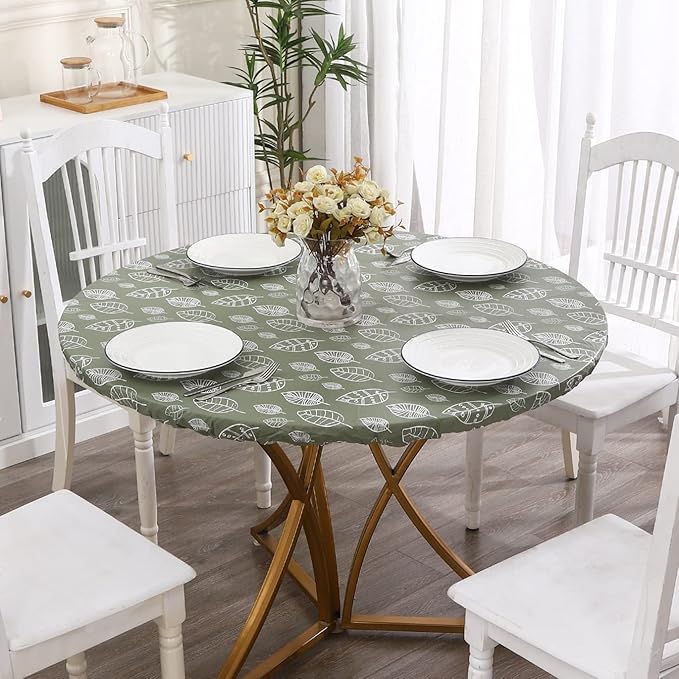 Walrus Round Vinyl Fitted Tablecloth with Flannel Backing Elastic Edge Design Table Cover Waterproof Oil-Proof PVC Table Cloth Stain-Resistant Best for 32"-36" Round