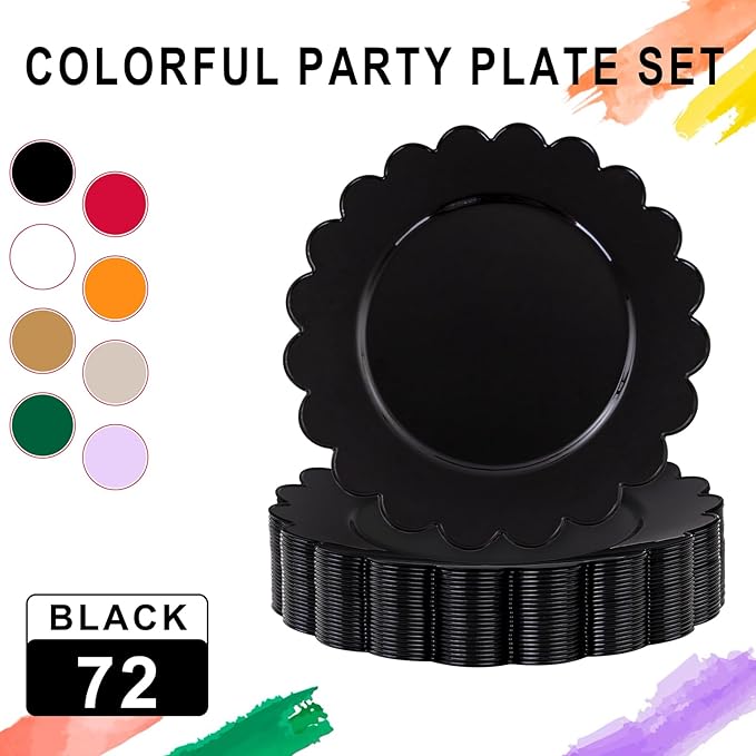 SUT 72 PCS Black Plastic Plates - 7.5 Inch Plates Disposable Heavy Duty，Plastic Plates for Party, Dessert & Celebrations
