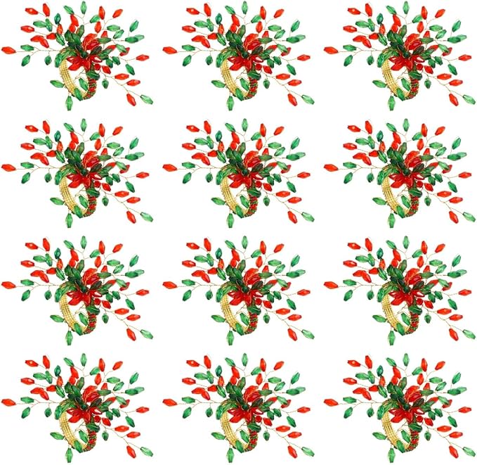 Handcrafted Beaded Napkin Rings Set of 12 – Red & Green Crystal Flower Design, Elegant Table Décor for Christmas, Weddings & Dinner Parties