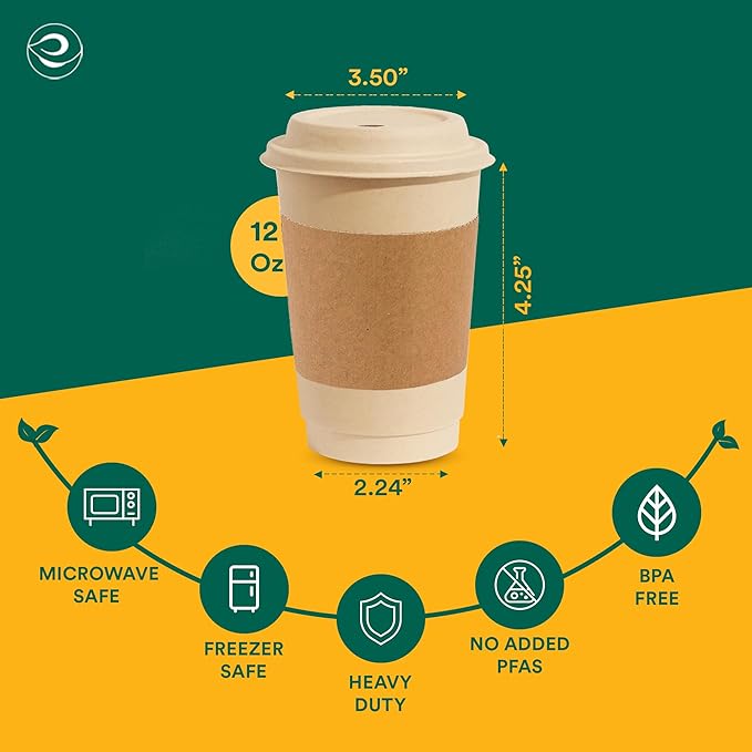ECO SOUL 200 Pack 12 oz Disposable Coffee Cups with Lids & Sleeves Eco-Friendly, Biodegradable, Compostable, Leak-free & Sturdy To Go Hot Drink Cup for Tea, Chocolate Party Travel Cafe Office & Home