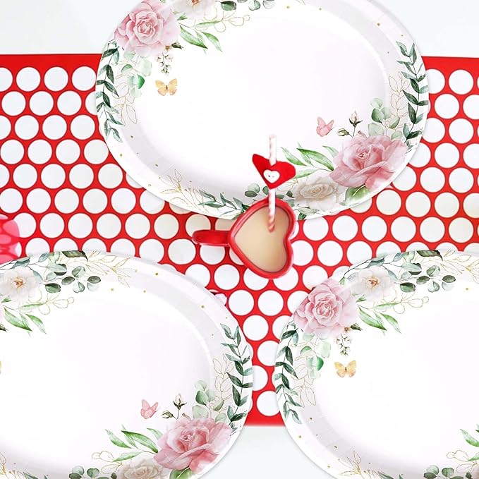 50Pcs Spring Floral Oval Paper Plates 10"x12" Large Disposable Watercolor Eucalyptus Leaf Dinner Platters Heavy Duty Sage Greenery Pink Flower Plates for Summer Baby Shower Bridal Shower Wedding Decor