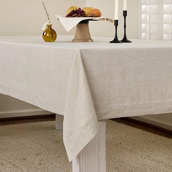 Solino Home Light Natural Linen Tablecloth 60 x 108 Inch - Classic Hemstitch, 100% Pure Linen Rectangular Tablecloth - Machine Washable Table Cloth for Spring, Easter