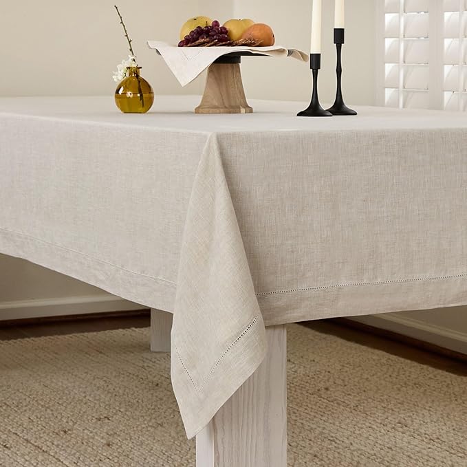 Solino Home Linen Light Natural Tablecloth 60 x 120 Inch - Classic Hemstitch, 100% Pure Linen Rectangular Tablecloth - Machine Washable Table Cloth for Spring, Easter