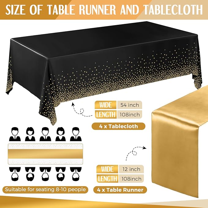 Breling 8 Pack New Year Black and Gold Disposable Plastic Tablecloths and Satin Table Runner Set, 54 x 108 Inch Tablecloth, 12 x 108 Inch Table Runners for Wedding Graduation Birthday Baby Shower