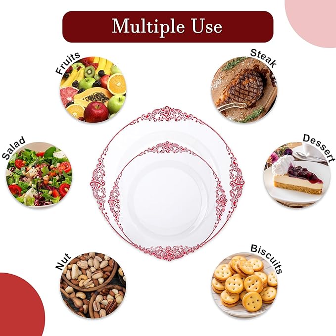 Nervure 100PCS Clear and Red Plastic Plates - Clear Red Disposable Plates Set, 50PCS 10.25" Dinner Plate & 50PCS 7.5" Dessert Plate Perfect for Wedding & Party