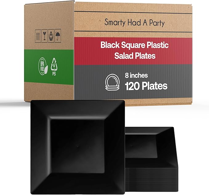 Smarty Had A Party 120 Disposable Plastic Dessert Plates, 8" Black Salad Plates for Appetizers and Buffets, Bulk Party Supplies for Events and All Occasions