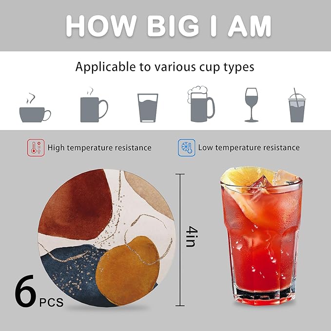 Drink Coasters for Drinks Set of 6,Orange and Gold Abstract Modern Art Absorbent Round Ceramic Stone Mat Coaster, with Cork Base and Metal Holder, Home Bar Decor House Warming Gift