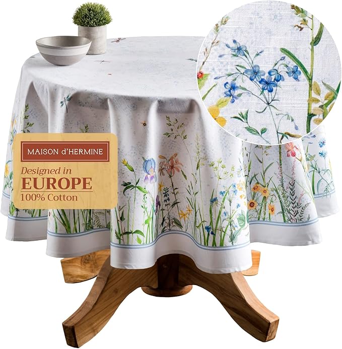 Maison d' Hermine Table Cloth Round Table 100% Cotton 63 Round Inches Tablecloth Reusable Decorative for Dining Room Farmhouse Home Valentines Day Decorations Spring Summer - Fleurs De Mai