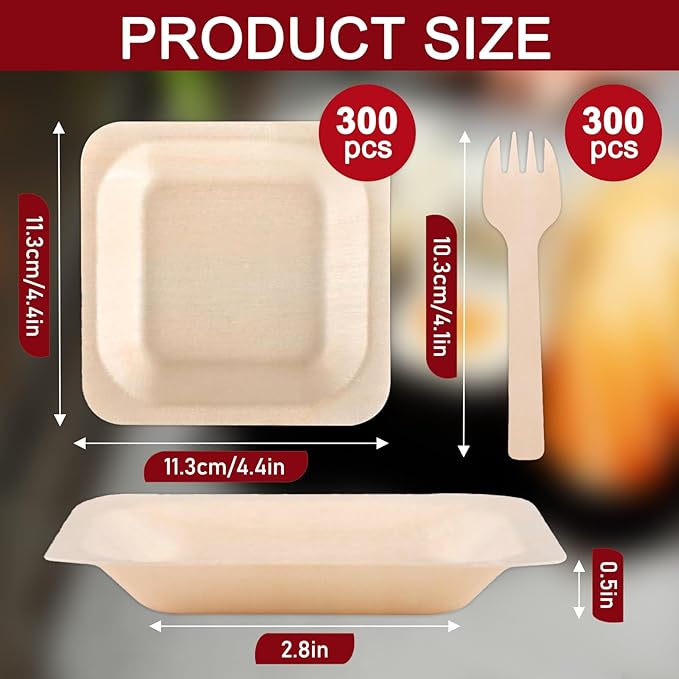 300 Pcs Disposable Palm Leaf Bowls, Square Bamboo Appetizer Plates, Compostable Wood Plates with Bamboo Forks for Birthday Wedding Party, Dessert, Catering and Home Use (4.4 x 4.4x0.5 Inch)