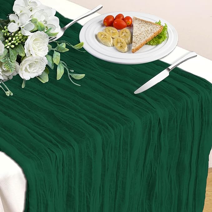 Emerald Green Table Runner, 10 Ft 120 in Cheesecloth Table Runner, Fall Table Runners for Wedding, Party,Bridal Shower, Boho Table Runners for Christmas