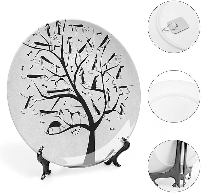 Ceramic Plates, Abstract Decorative Ceramic Plates, Monochrome Autumn Season Tree with Dog on The Branches, 7 Inch, Household Plates Decorative, Black and White